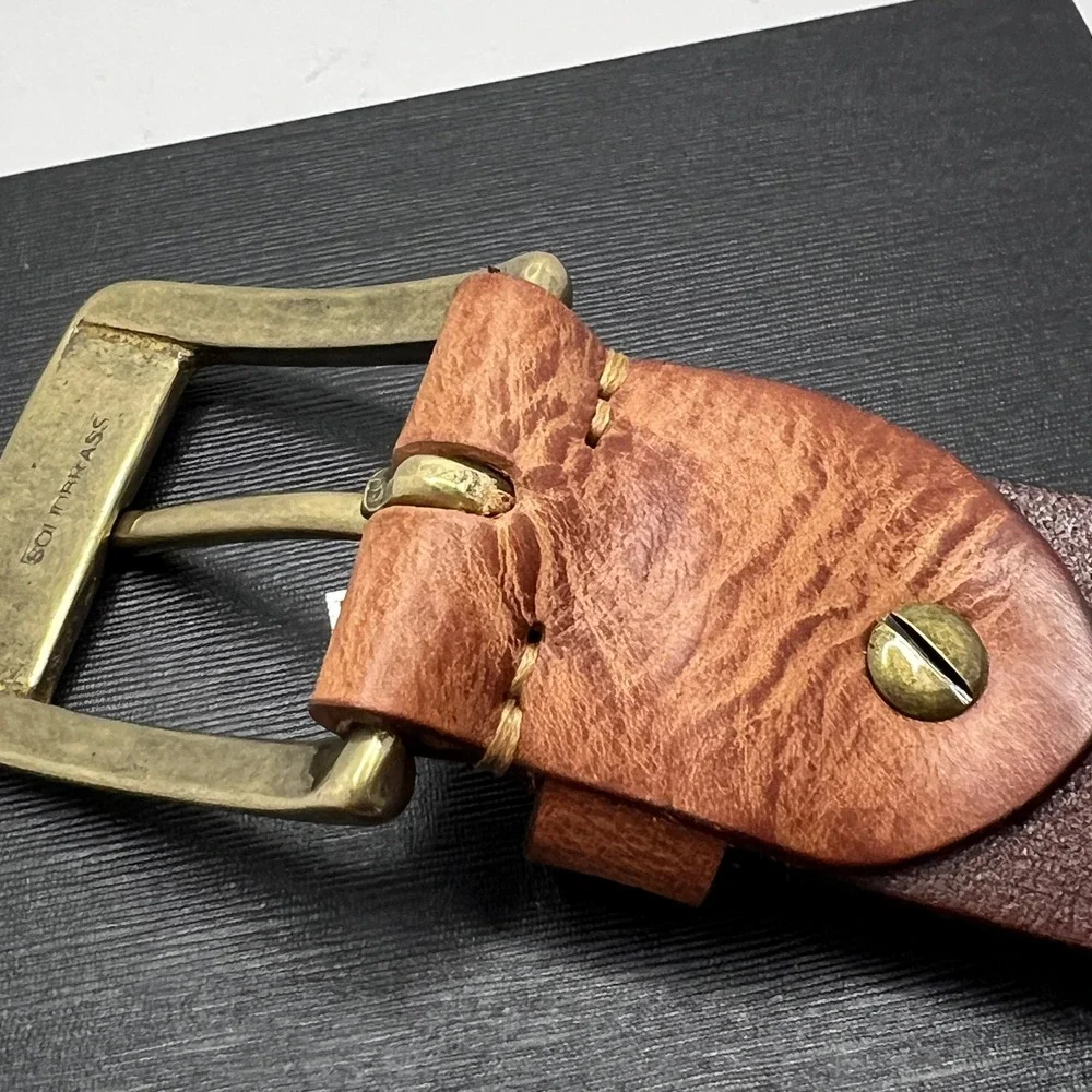 Beau Today Mens Brown Leather Belt Solid Brass Buckle Marbled Grain Size 40